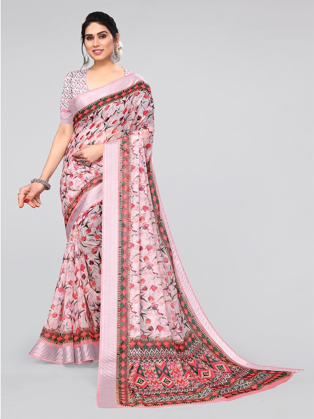 

MIRCHI FASHION Coral & Red Floral Printed Zari Saree, Pink