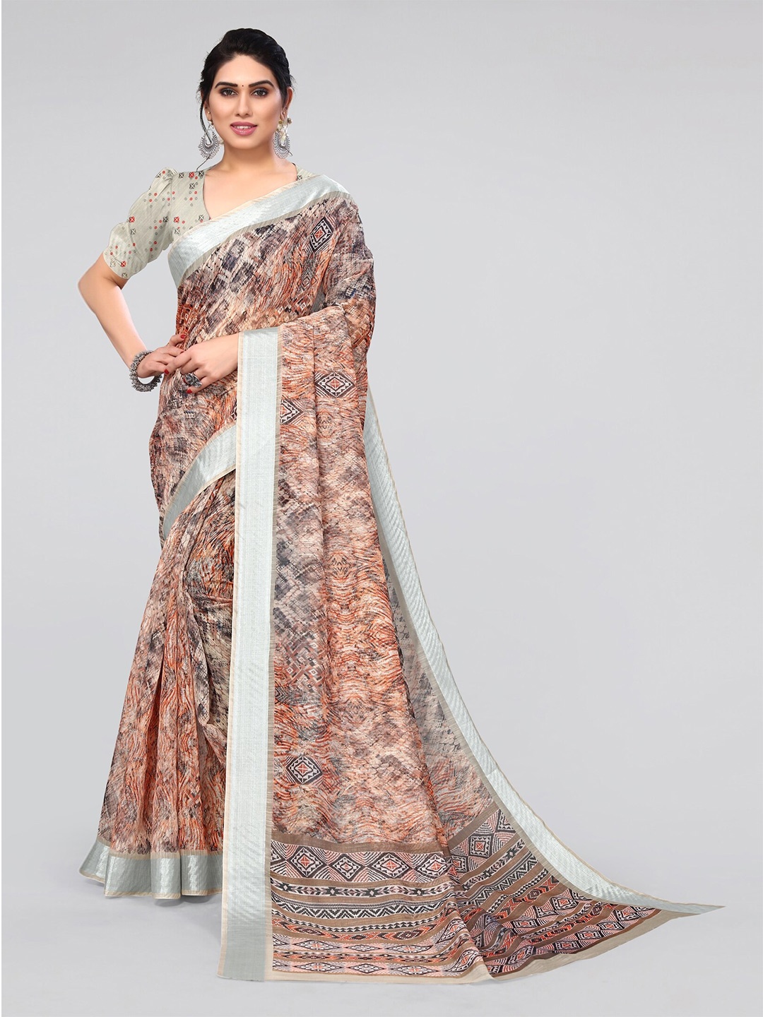 

MIRCHI FASHION Rust & Orange Ethnic Motifs Printed Zari Saree