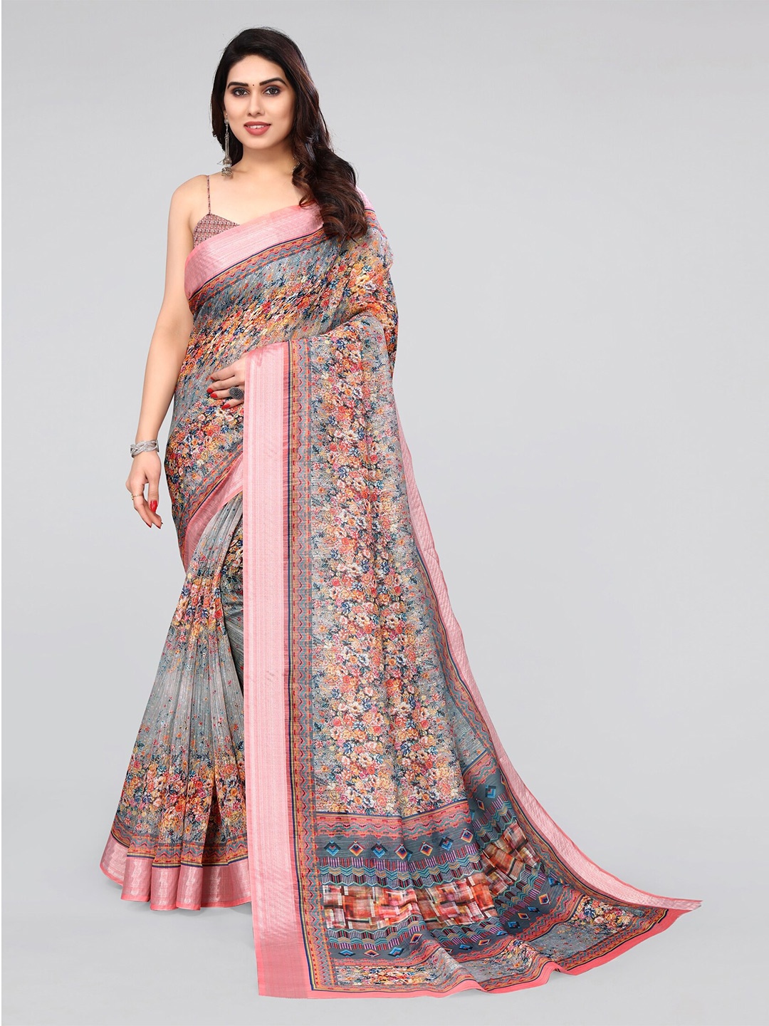 

MIRCHI FASHION Grey & Silver-Toned Floral Printed Zari Saree