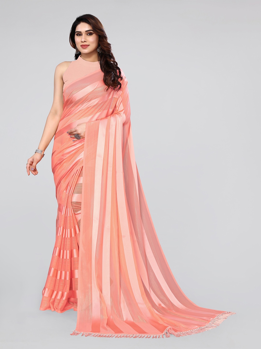 

MIRCHI FASHION Orange Striped Poly Georgette Saree