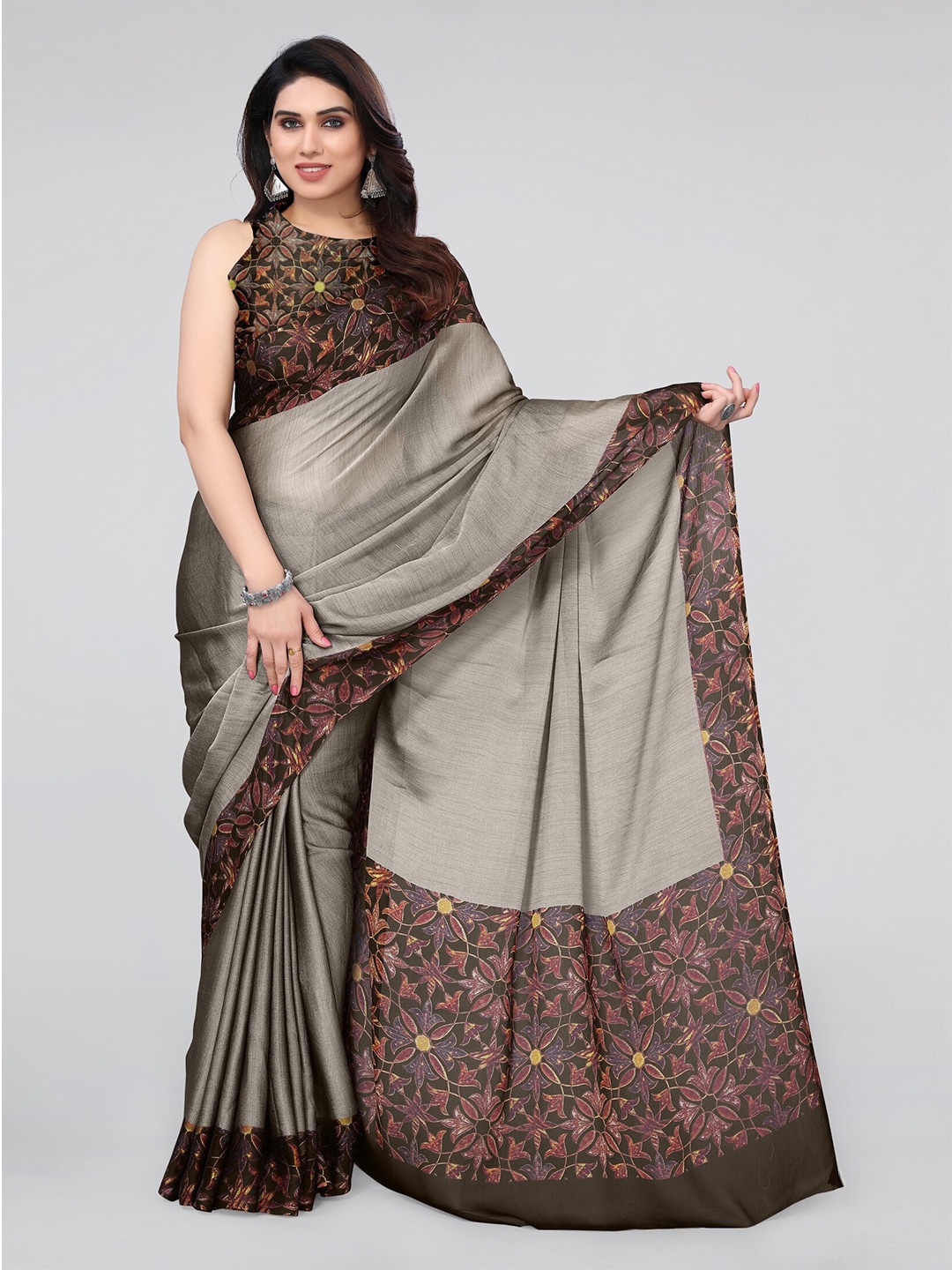 

MIRCHI FASHION Beige & Grey Poly Chiffon Saree