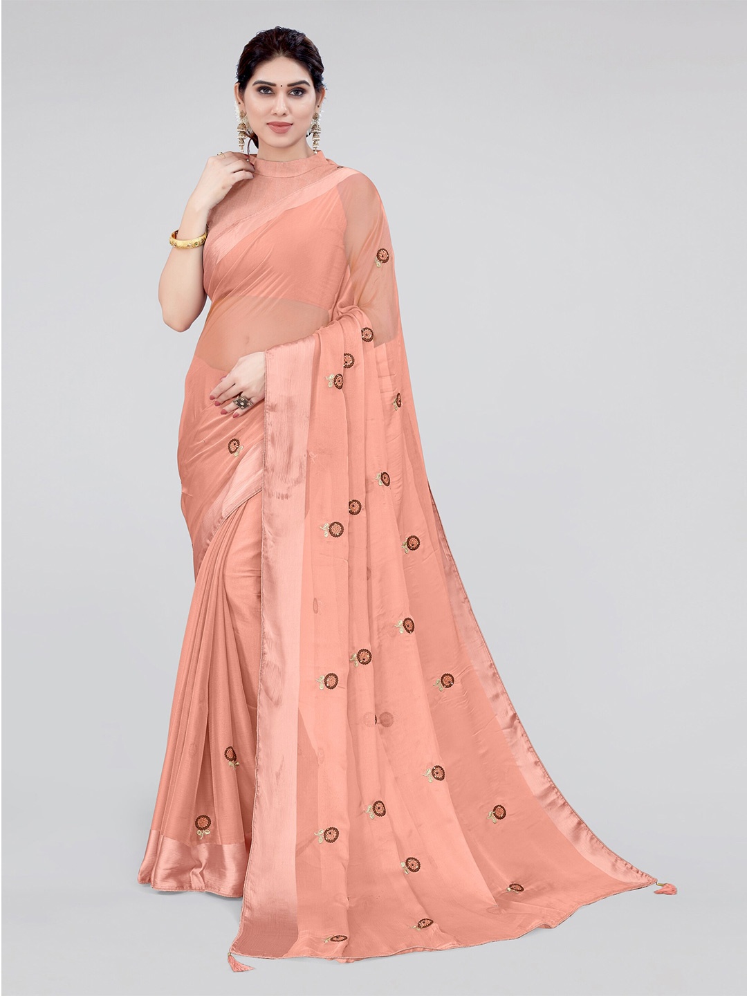 

MIRCHI FASHION Orange & Brown Floral Embroidered Zari Saree