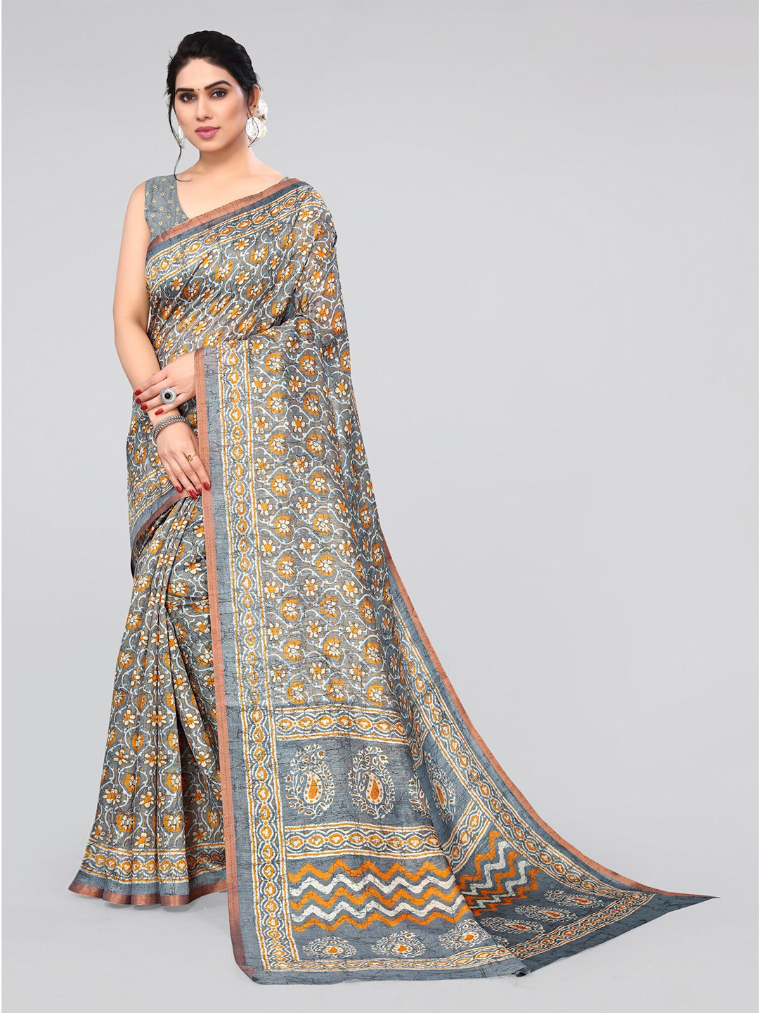 

MIRCHI FASHION Grey & Mustard Floral Printed Saree