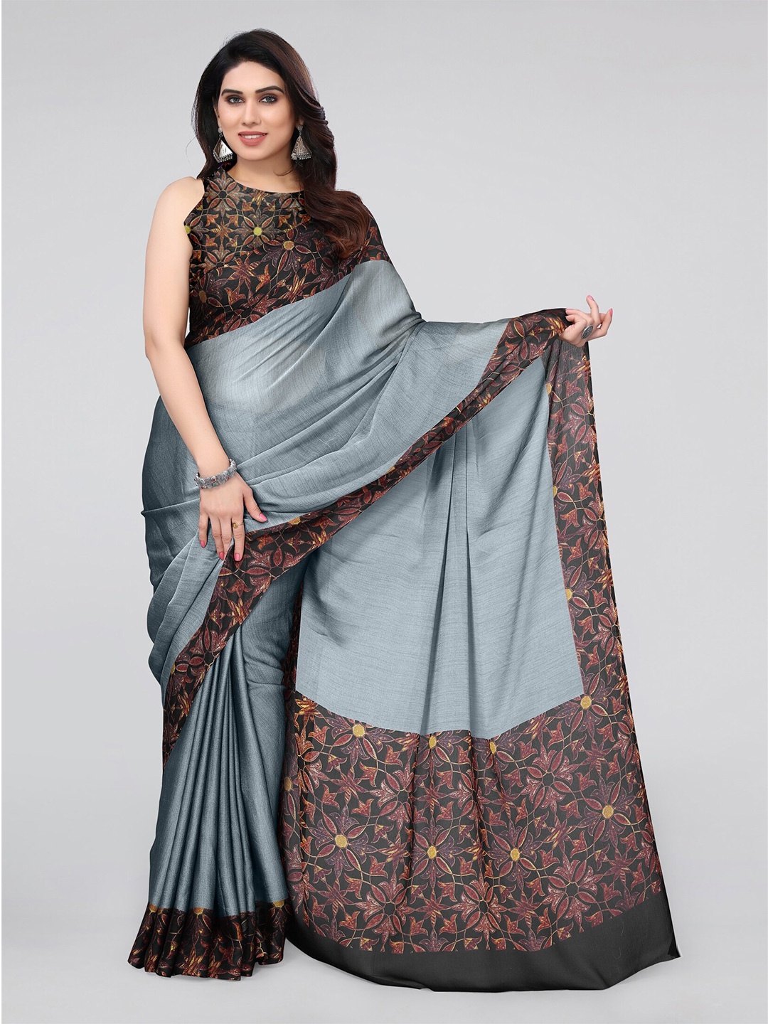 

MIRCHI FASHION Grey & Brown Floral Printed Border Poly Chiffon Saree