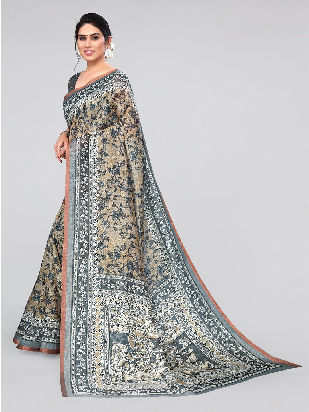 

MIRCHI FASHION Beige & Grey Floral Printed Saree