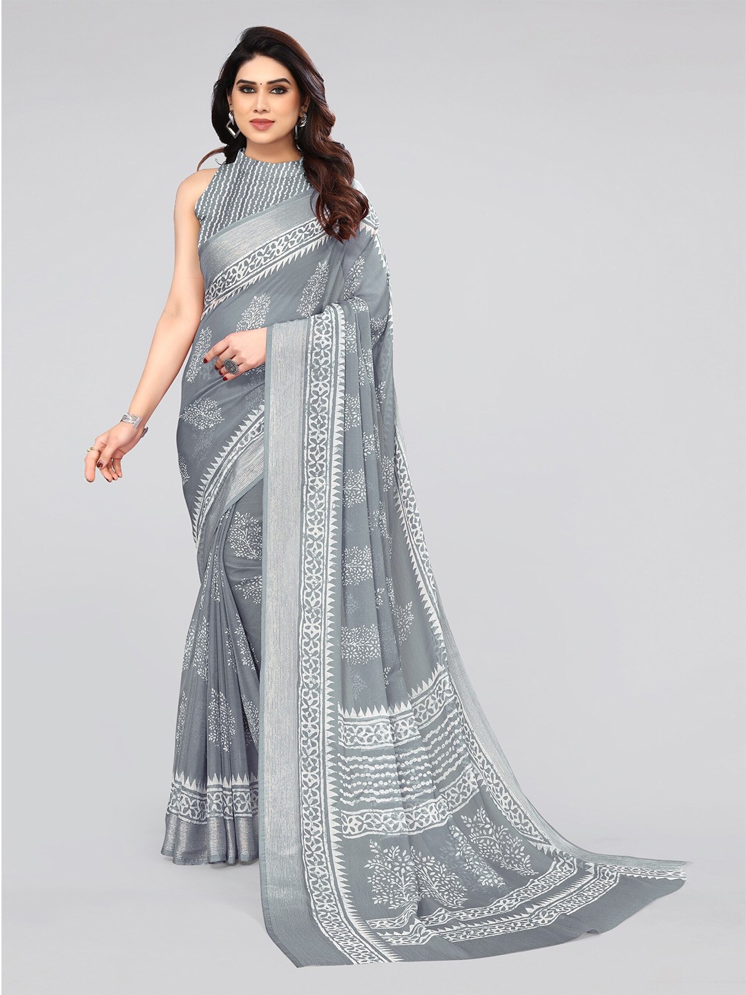 

KALINI Grey Ethnic Motifs Printed Saree