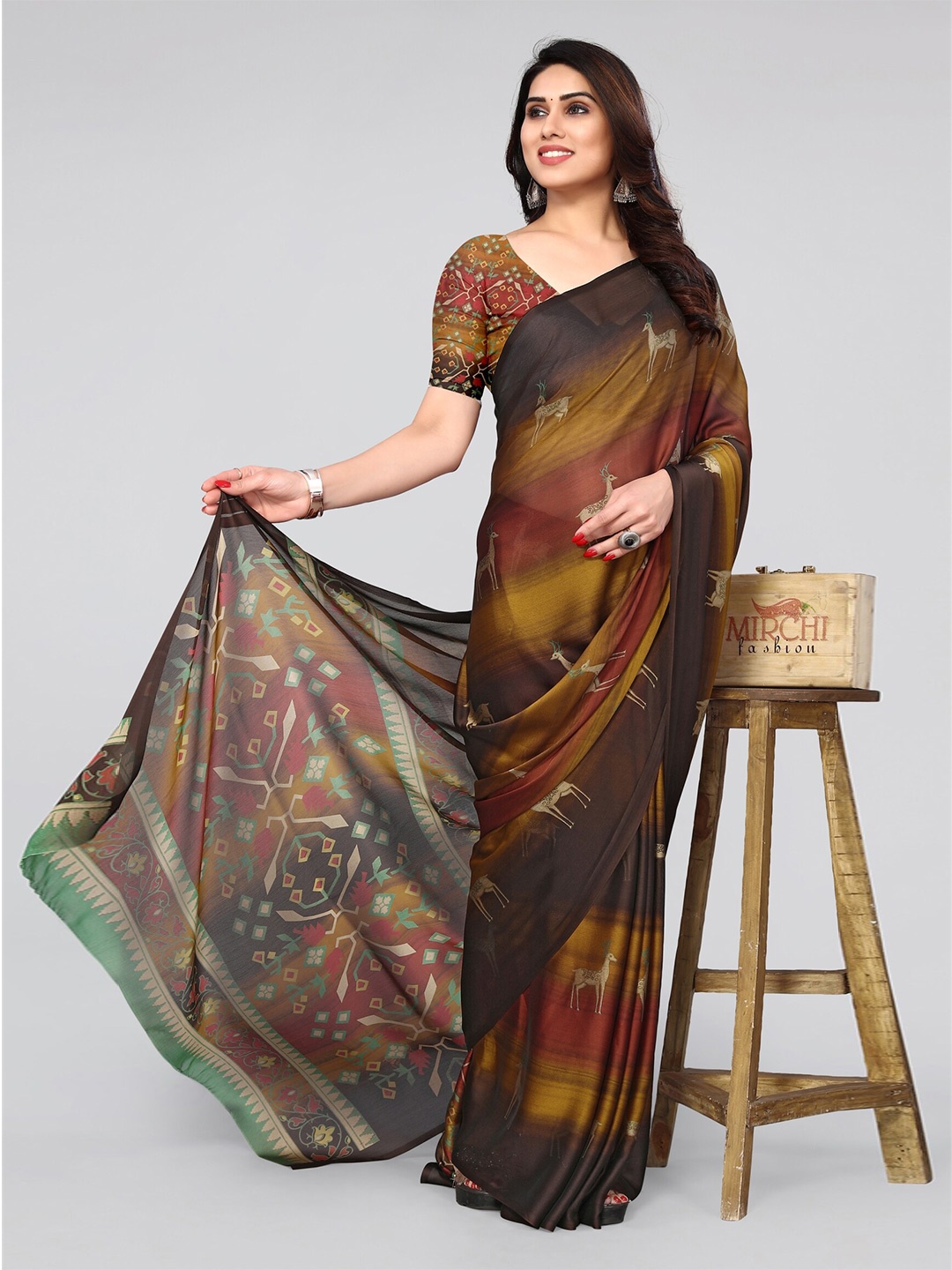 

MIRCHI FASHION Brown & Green Ethnic Motifs Printed Saree