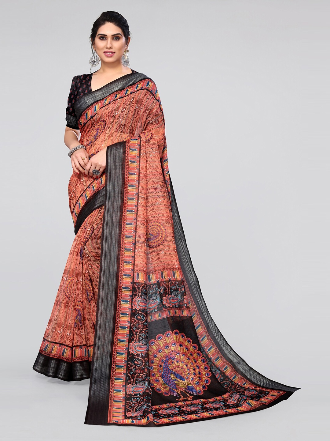 

MIRCHI FASHION Peach-Coloured & Black Ethnic Motif Printed Zari Saree