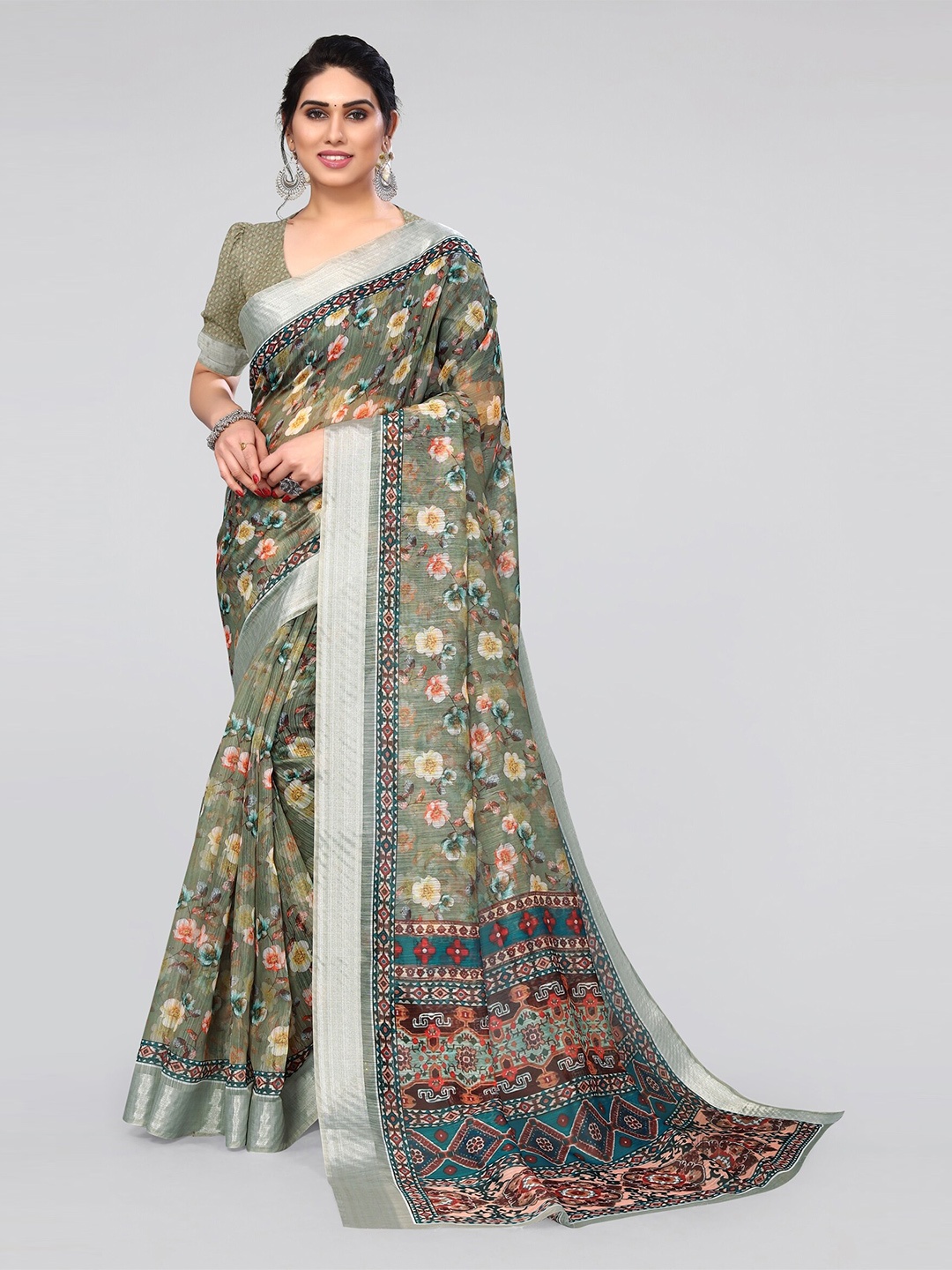 

MIRCHI FASHION Olive Green & Orange Floral Printed Zari Saree