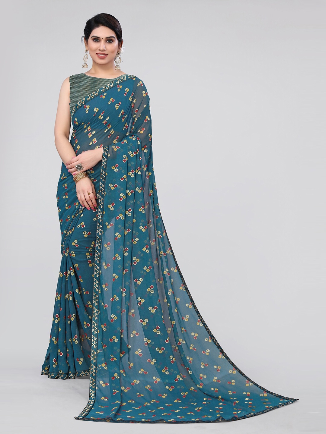 

MIRCHI FASHION Turquoise Blue & Red Geometric Printed Poly Georgette Saree