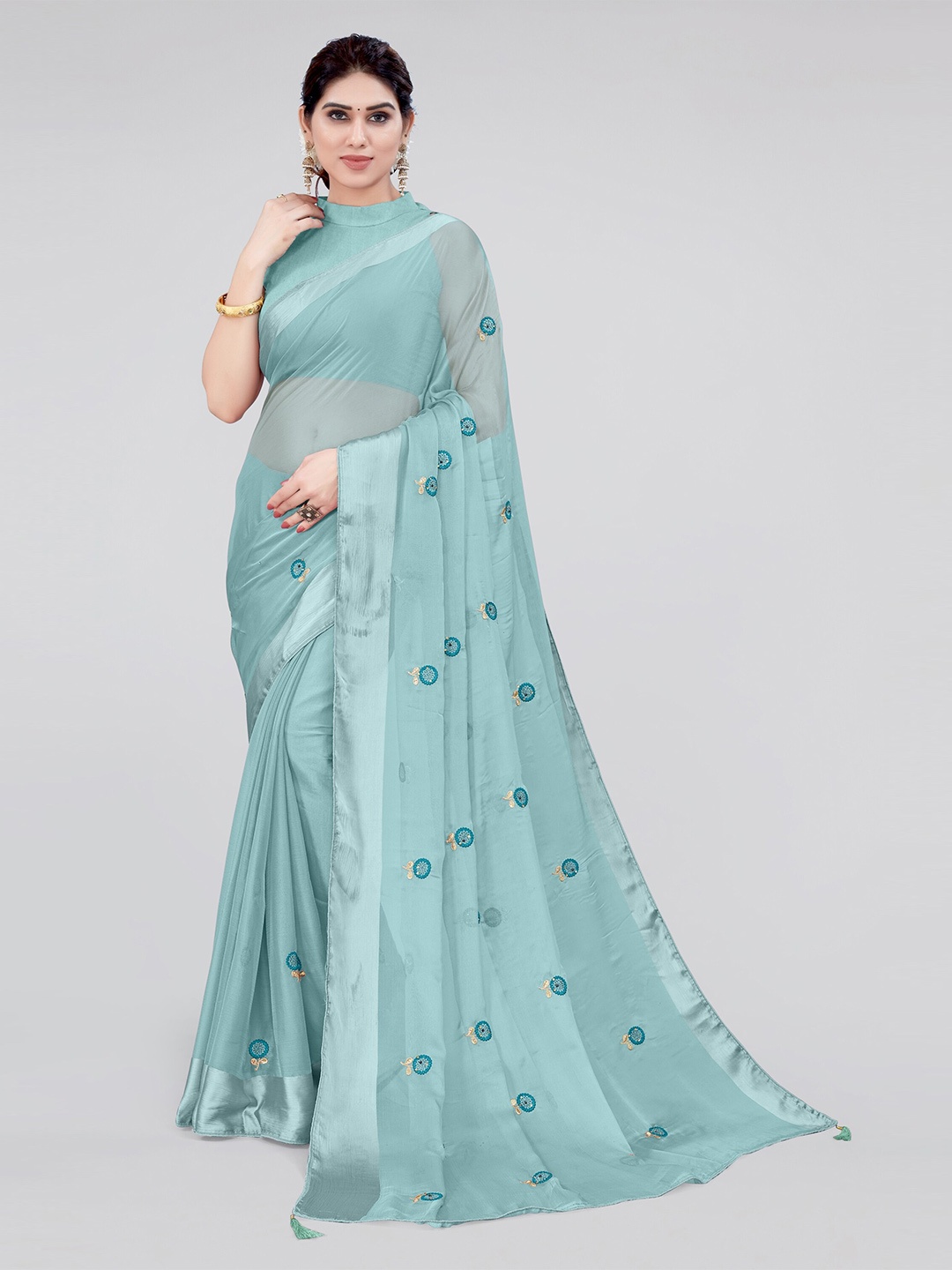 

MIRCHI FASHION Turquoise Blue & Silver-Toned Floral Embroidered Zari Saree