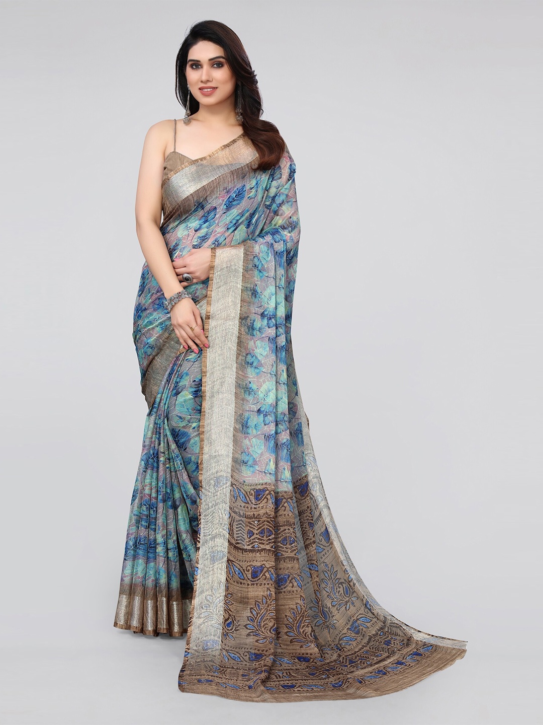 

MIRCHI FASHION Purple & Blue Floral Printed Zari Saree