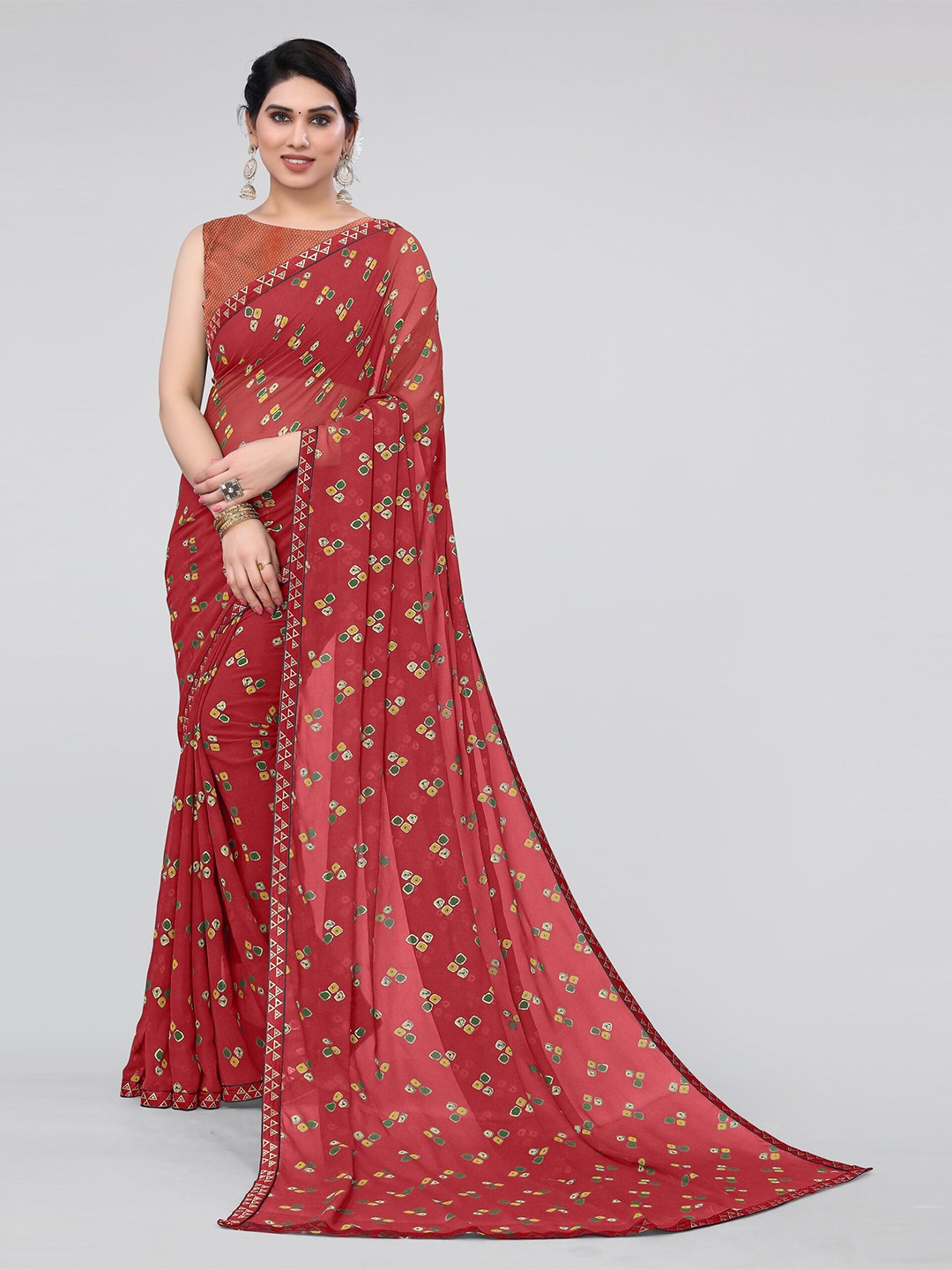 

MIRCHI FASHION Red & Green Bandhani Printed Saree