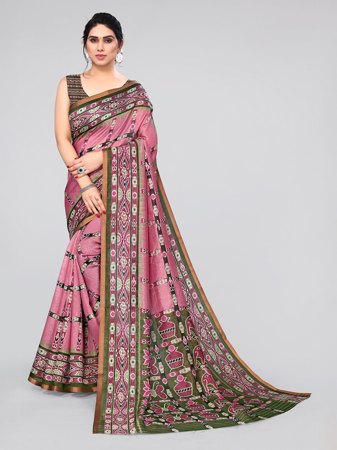 

MIRCHI FASHION Pink & Green Ethnic Motifs Printed Saree