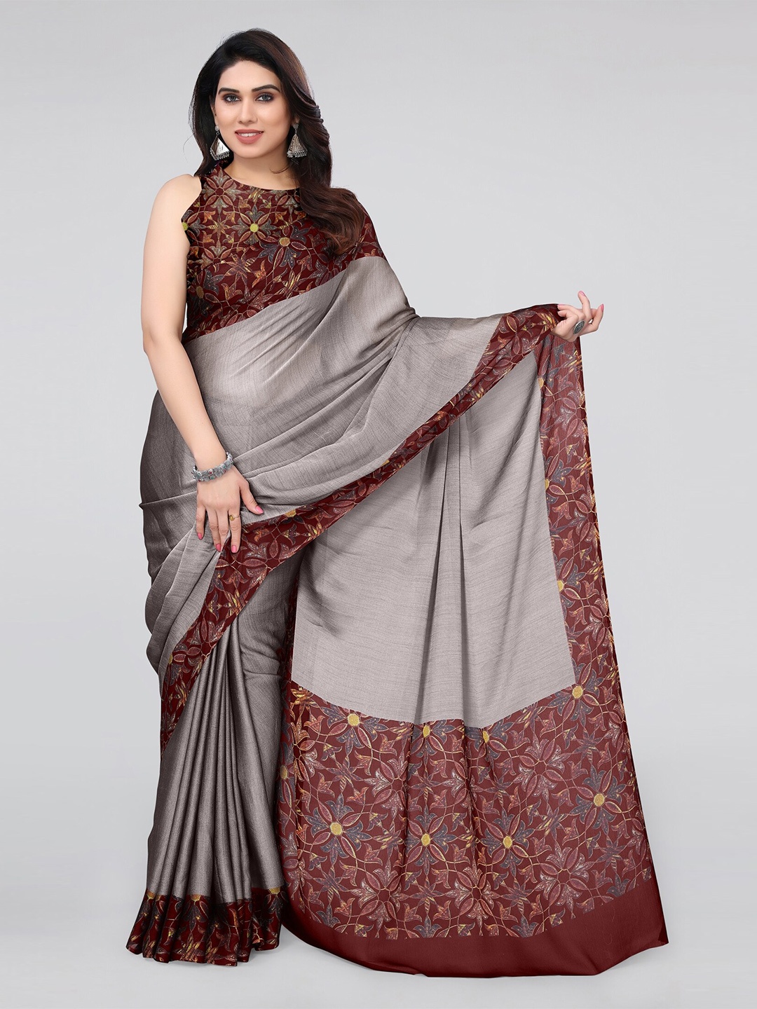

MIRCHI FASHION Grey & Brown Poly Chiffon Saree