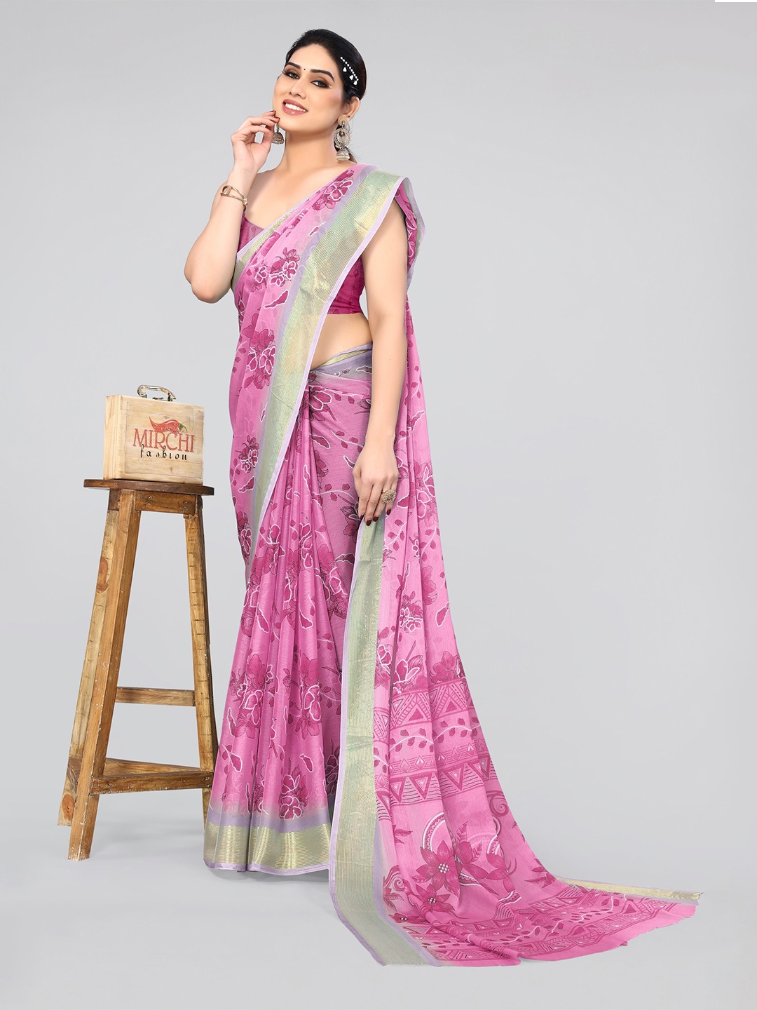 

MIRCHI FASHION Pink & Gold-Toned Floral Printed Zari Saree