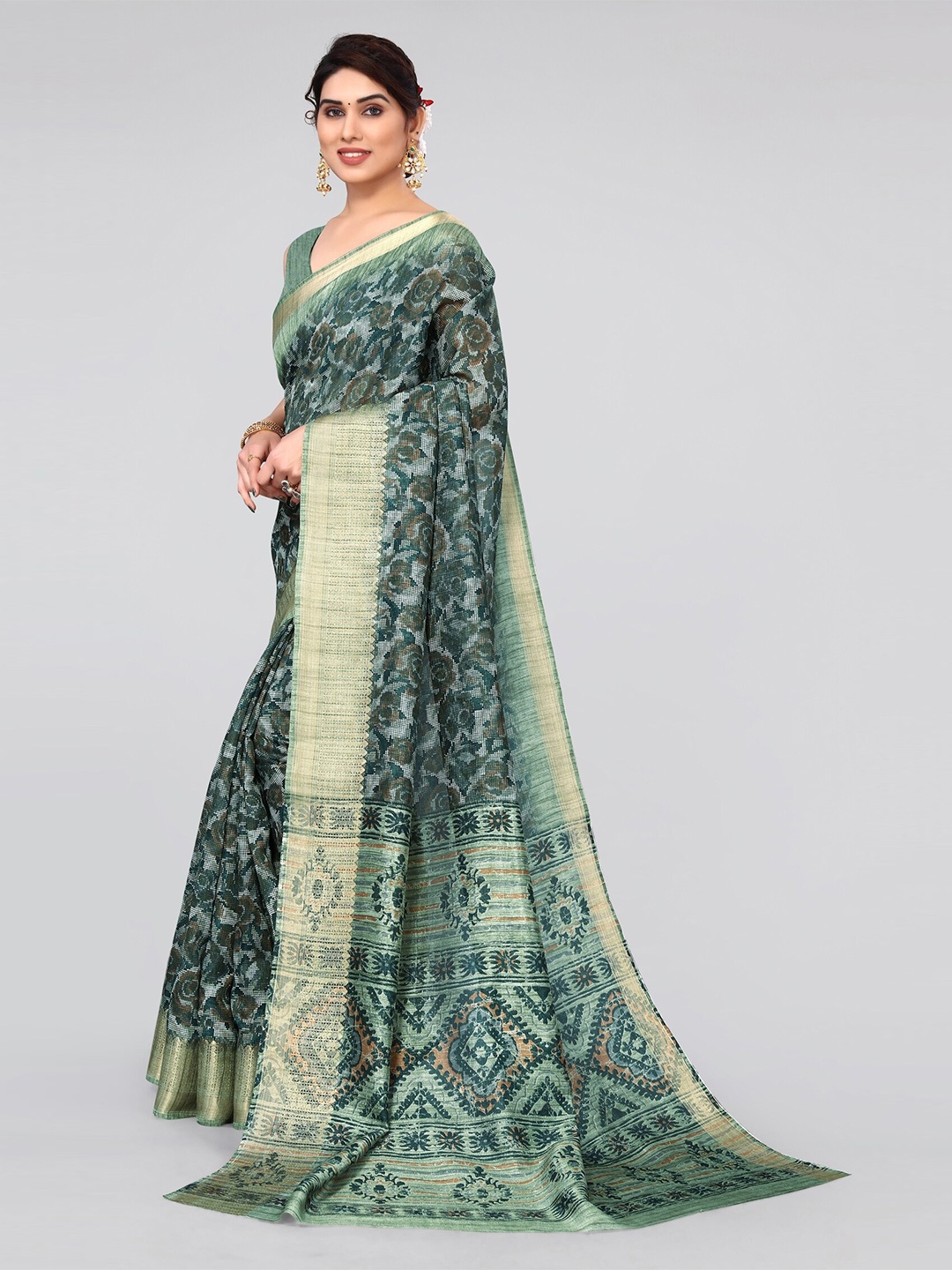 

MIRCHI FASHION Teal & Gold-Toned Floral Printed Zari Saree