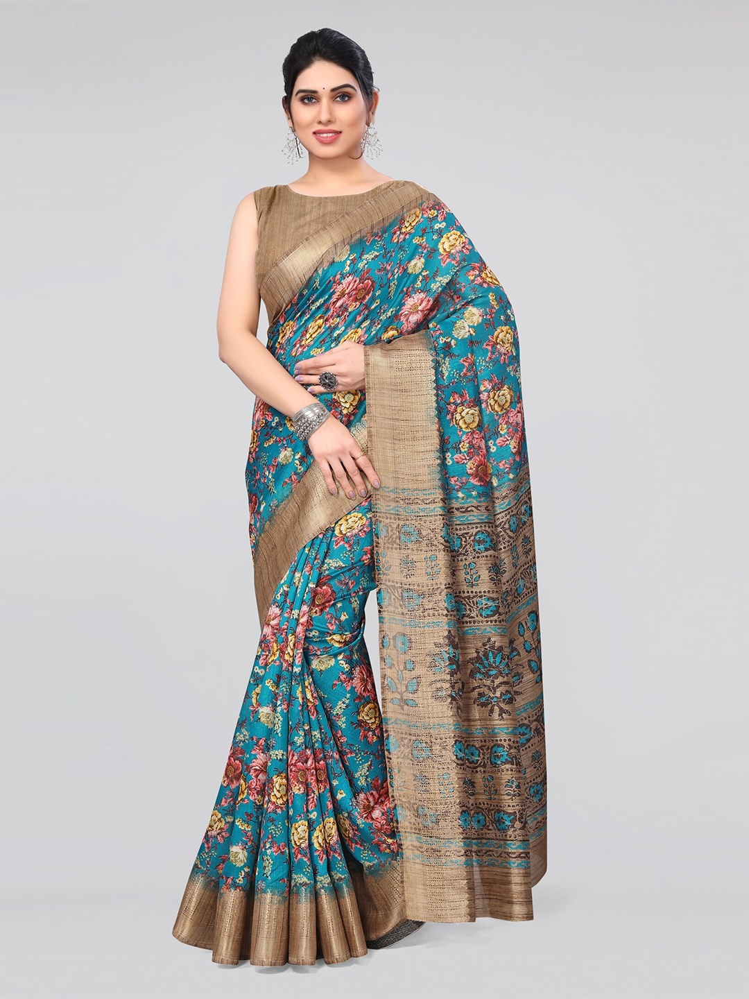 

MIRCHI FASHION Turquoise Blue & Gold-Toned Floral Printed Zari Art Silk Saree