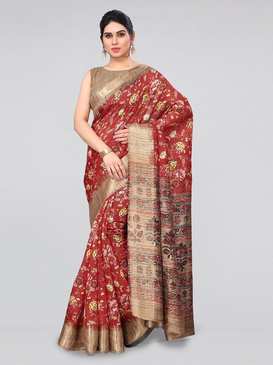 

MIRCHI FASHION Red & Brown Floral Printed Zari Saree