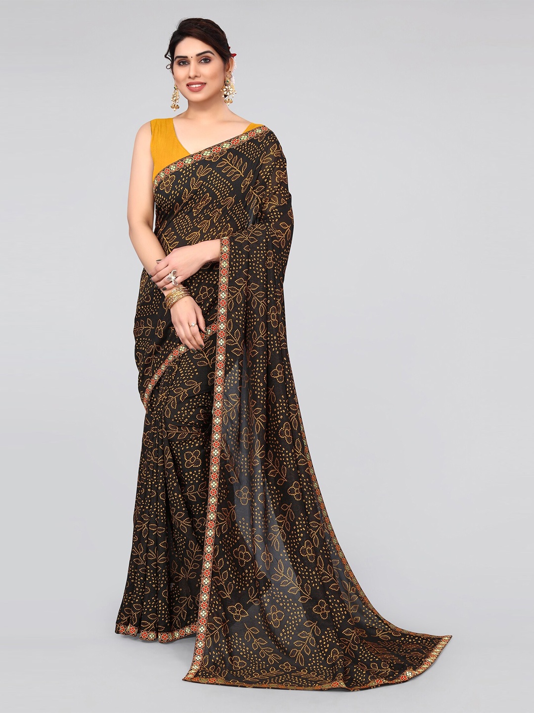 

MIRCHI FASHION Black Bandhani Printed Zari Saree