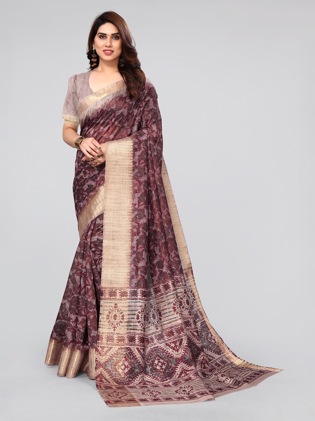 

MIRCHI FASHION Maroon & Gold-Toned Ethnic Motif Printed Zari Saree