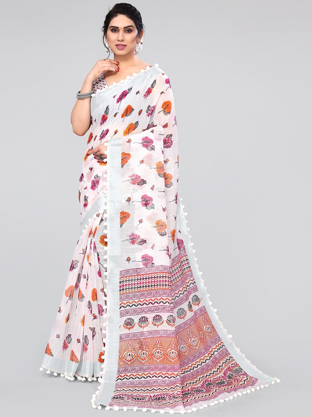 

MIRCHI FASHION White & Red Floral Printed Zari Saree