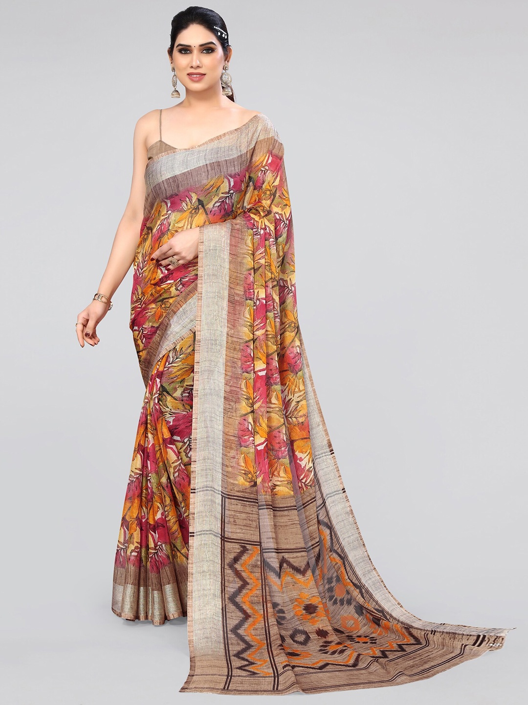 

MIRCHI FASHION Mustard Yellow & Pink Floral Printed Poly Chiffon Saree