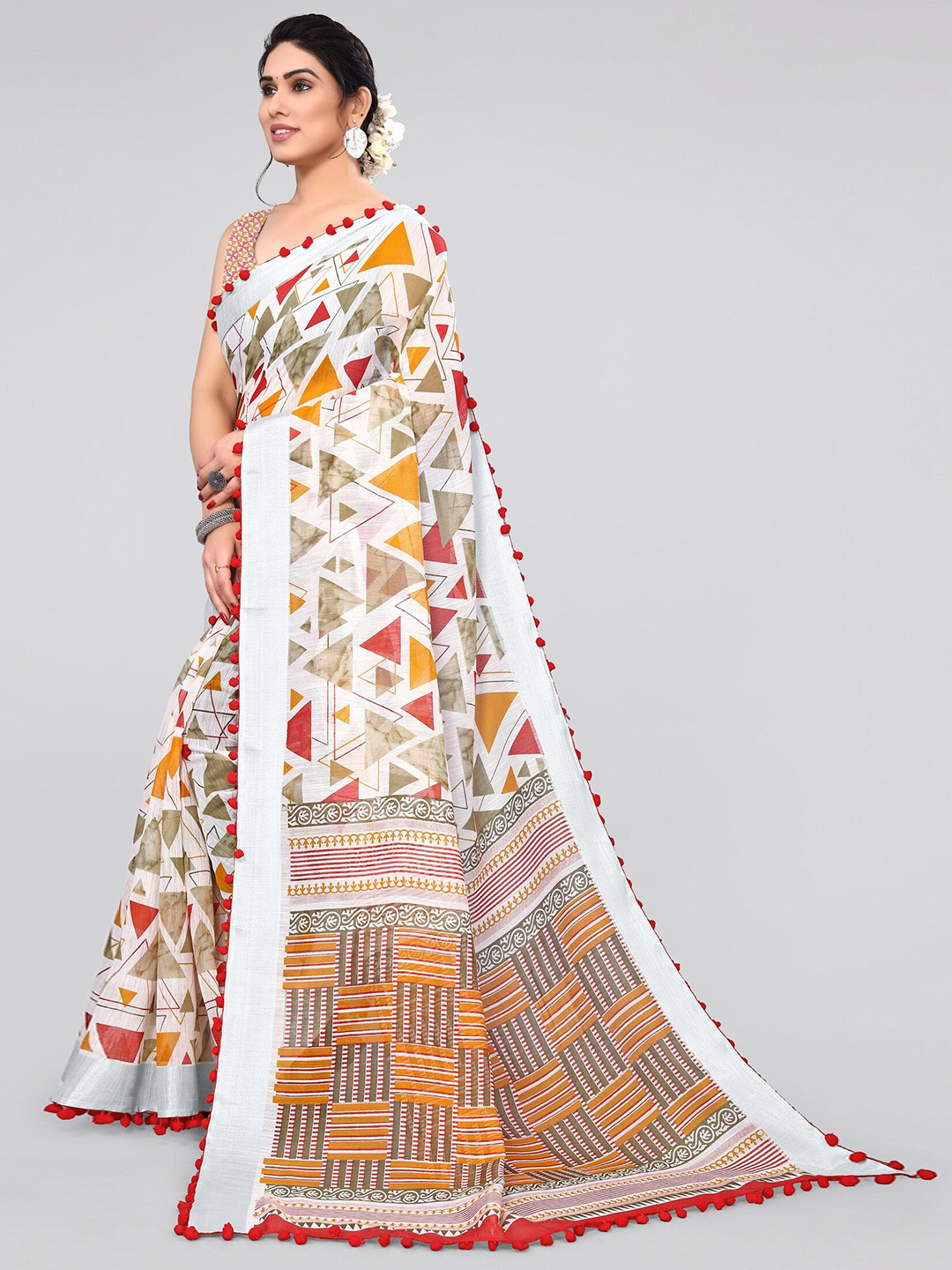 

KALINI White & Red Geometric Printed Zari Saree