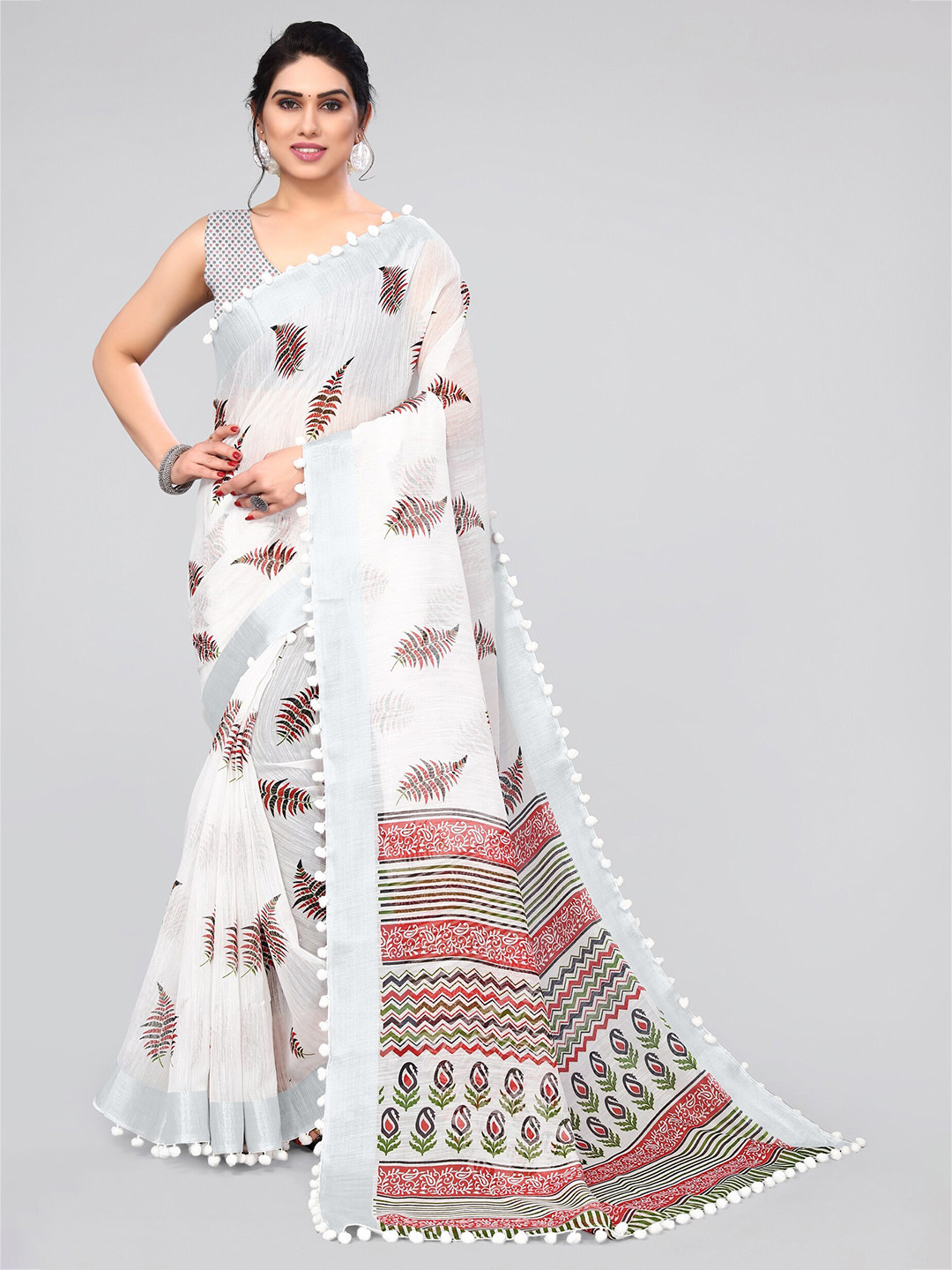 

MIRCHI FASHION White & Red Ethnic Motifs Printed Zari Saree