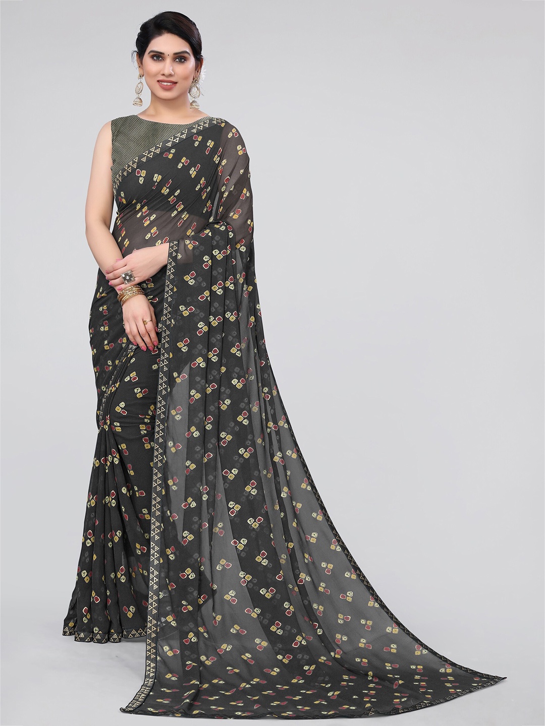 

MIRCHI FASHION Black & Red Bandhani Printed Saree