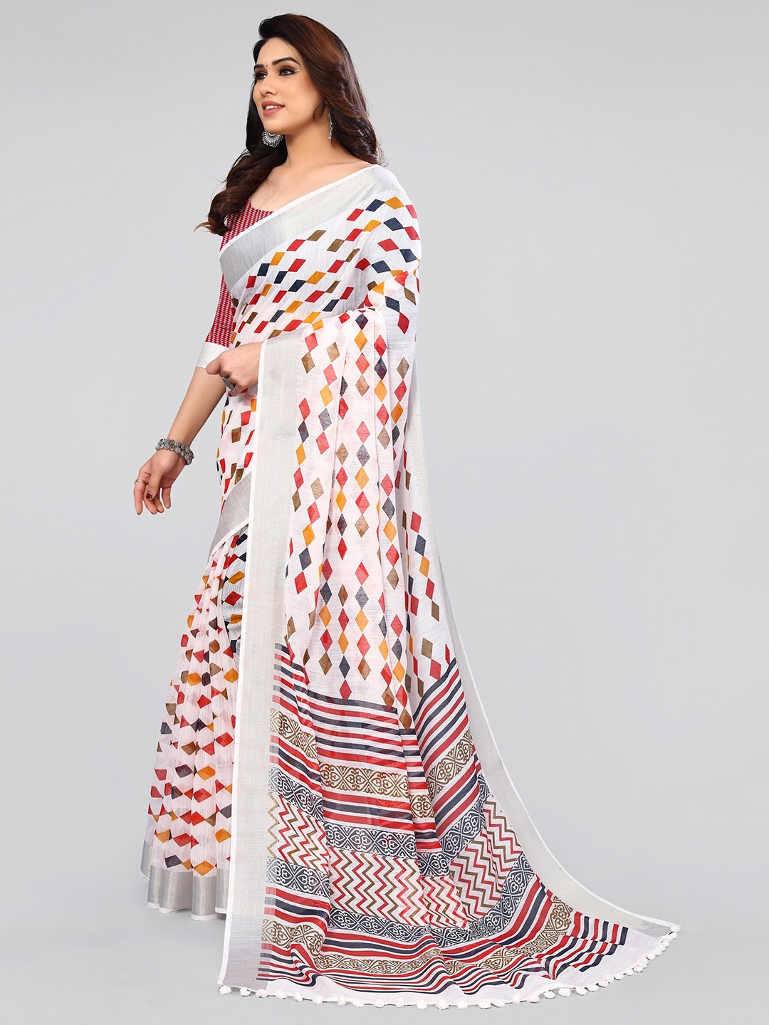 

KALINI White & Red Geometric Printed Zari Saree