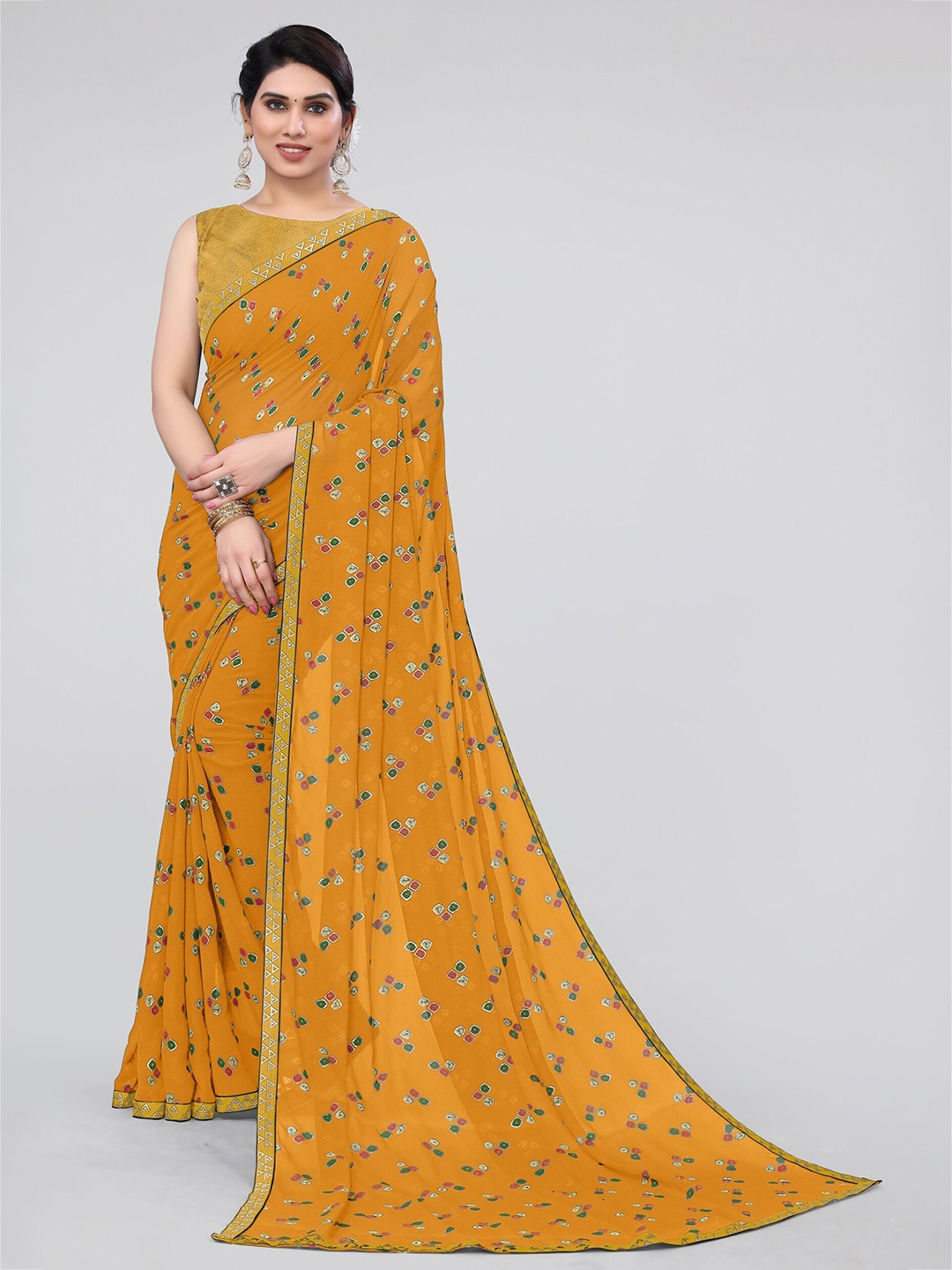 

MIRCHI FASHION Mustard & Green Bandhani Printed Saree