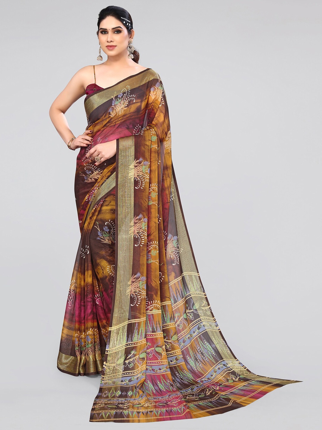 

MIRCHI FASHION Brown & Gold-Toned Ethnic Motifs Printed Zari Saree