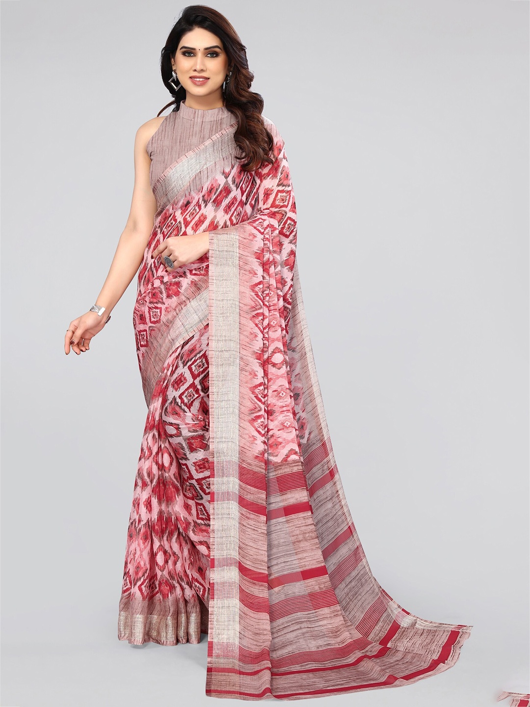 

MIRCHI FASHION Coral & Red Ikat Printed Zari Saree