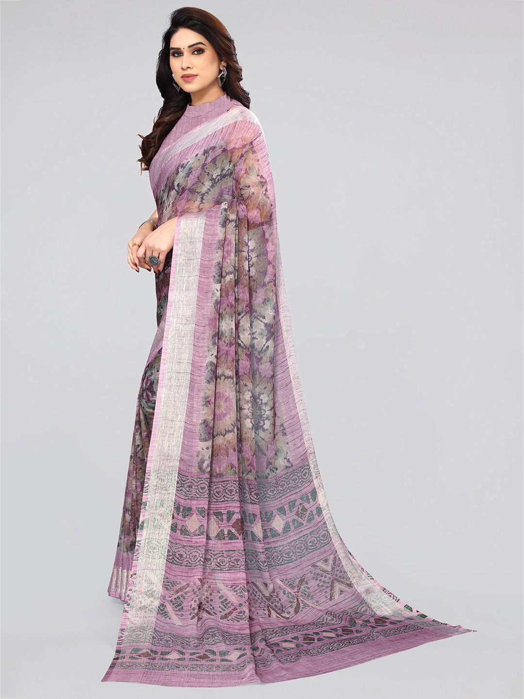 

MIRCHI FASHION Magenta & Silver-Toned Tie and Dye Poly Chiffon Saree