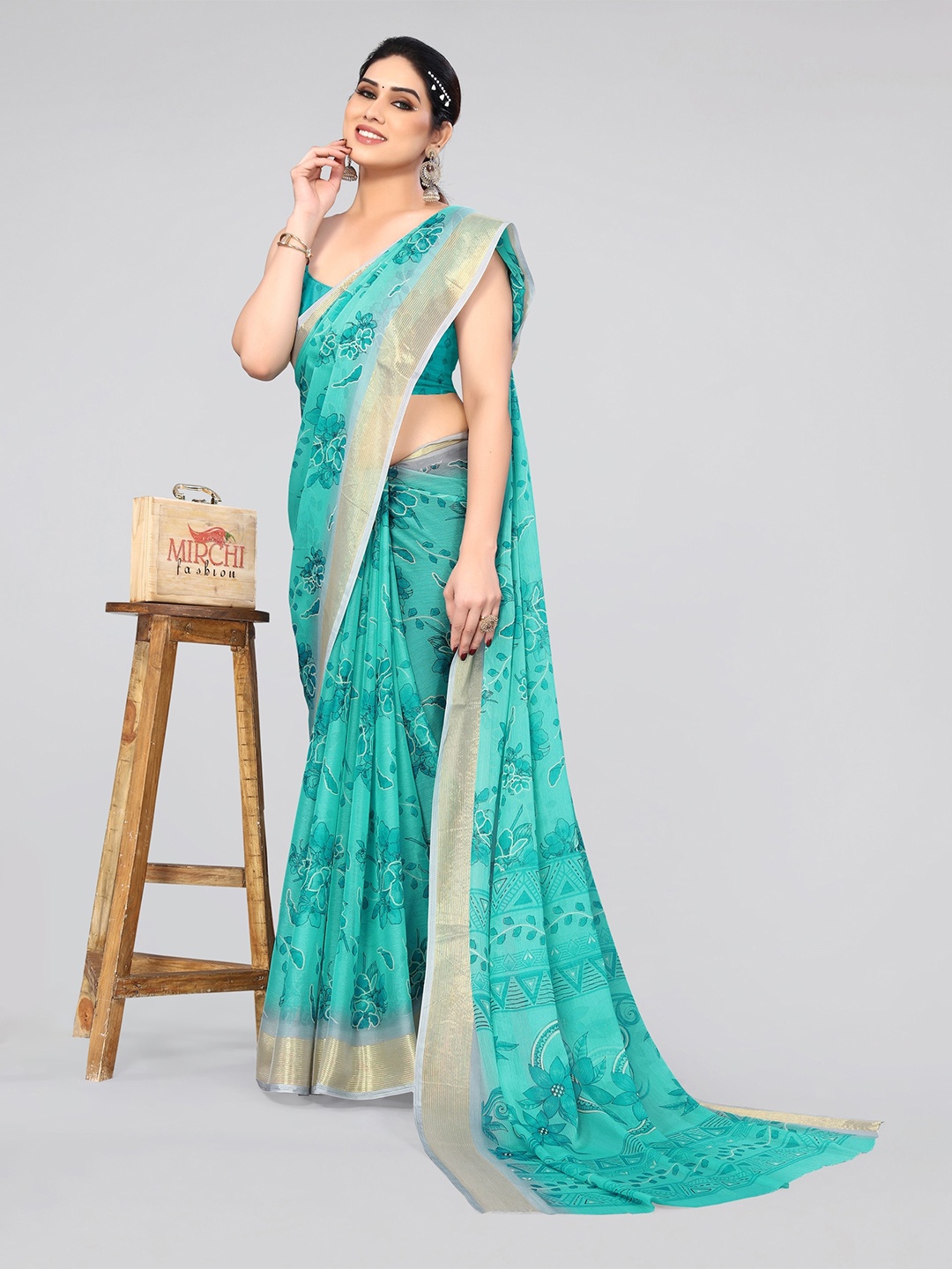 

MIRCHI FASHION Sea Green & Gold-Toned Floral Printed Zari Saree