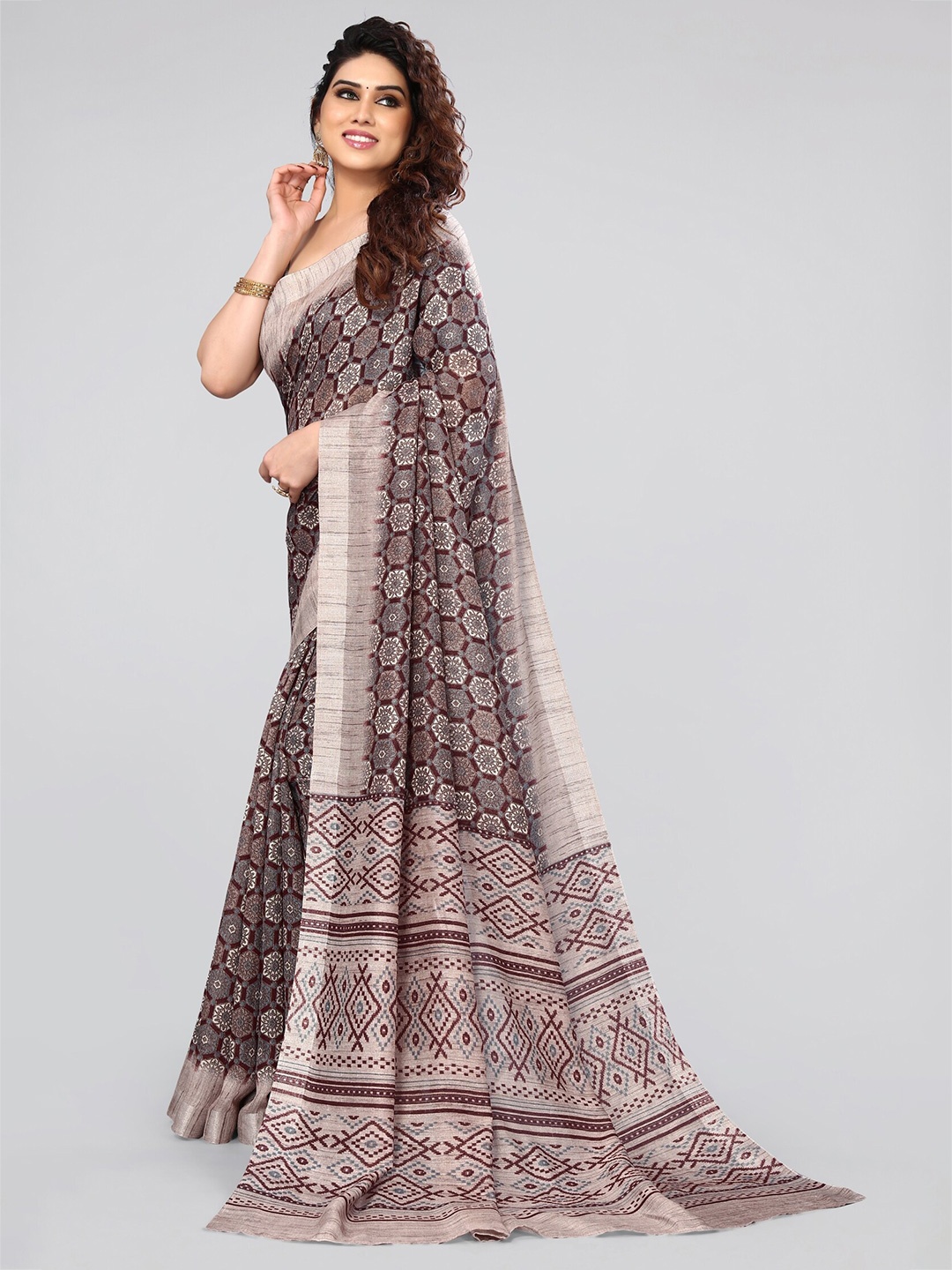 

MIRCHI FASHION Maroon & Grey Ethnic Motifs Printed Art Silk Saree