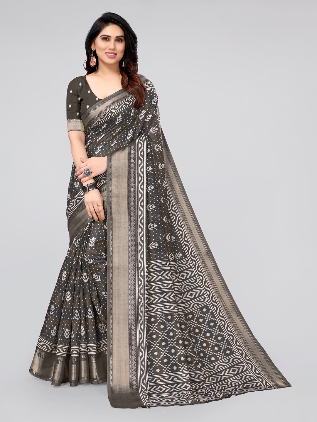 

MIRCHI FASHION Coffee Brown & Gold-Toned Ikat Printed Zari Saree