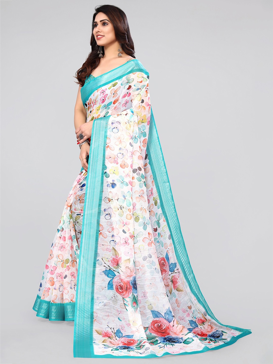 

MIRCHI FASHION White Floral Printed Zari Saree