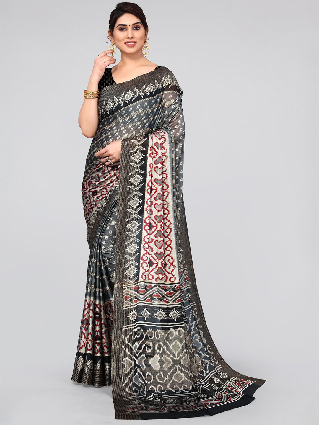 

KALINI Grey & Red Geometric Printed Ikat Saree