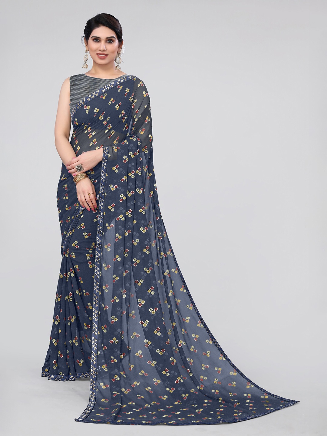 

MIRCHI FASHION Navy Blue & Red Bandhani Printed Saree