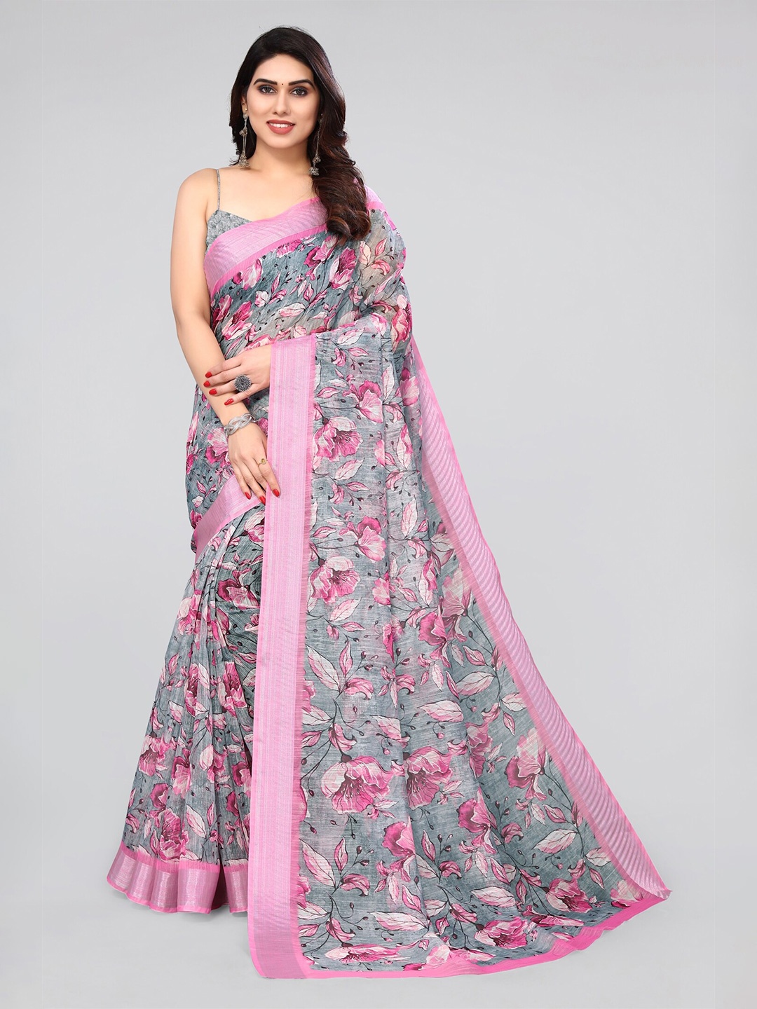 

MIRCHI FASHION Floral Printed Zari Saree, Grey