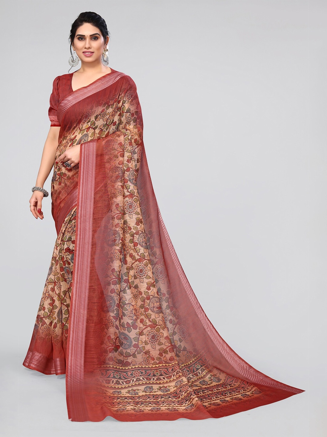 

MIRCHI FASHION Peach-Coloured & Grey Kalamkari Zari Saree