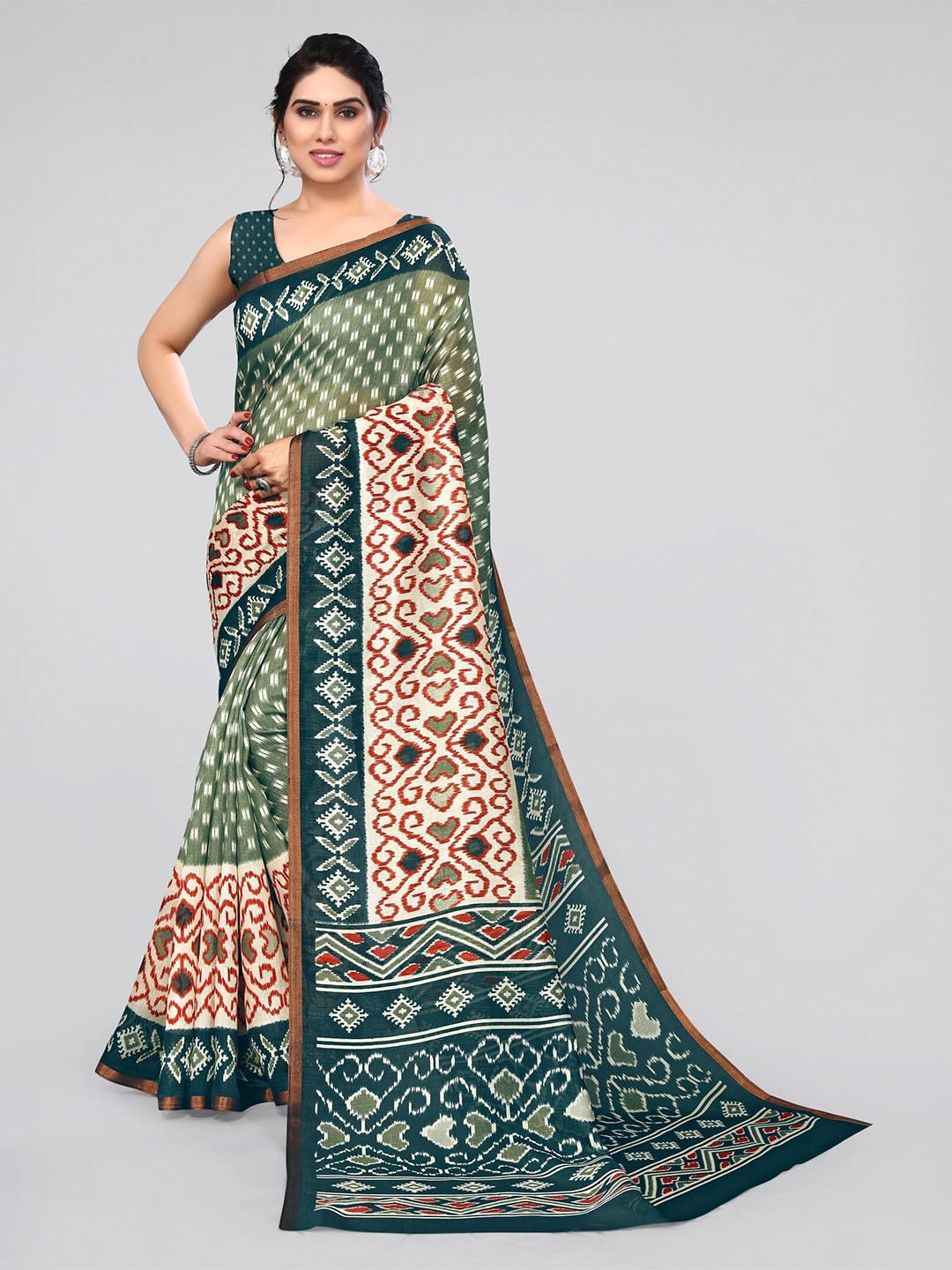 

MIRCHI FASHION Green & Maroon Ikat Zari Printed Saree