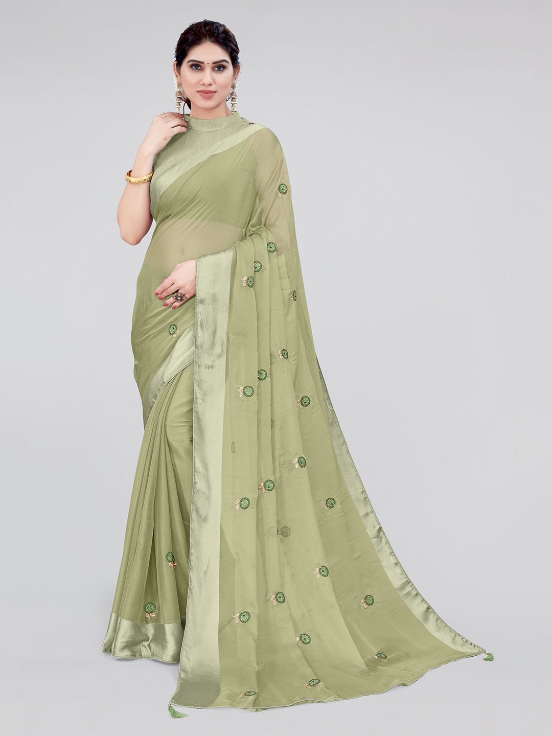 

MIRCHI FASHION Olive Green & Silver-Toned Floral Embroidered Zari Saree