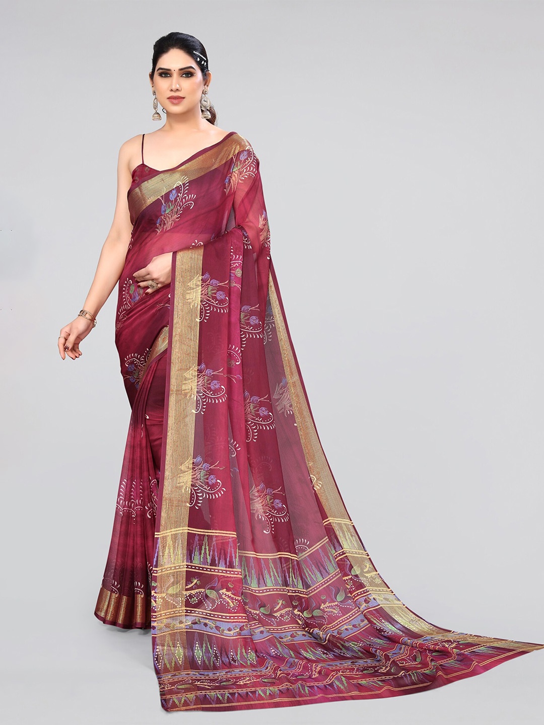 

MIRCHI FASHION Maroon & Blue Floral Printed Zari Poly Chiffon Saree