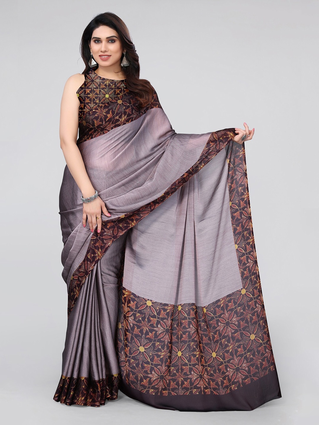 

MIRCHI FASHION Pink & Brown Poly Chiffon Saree