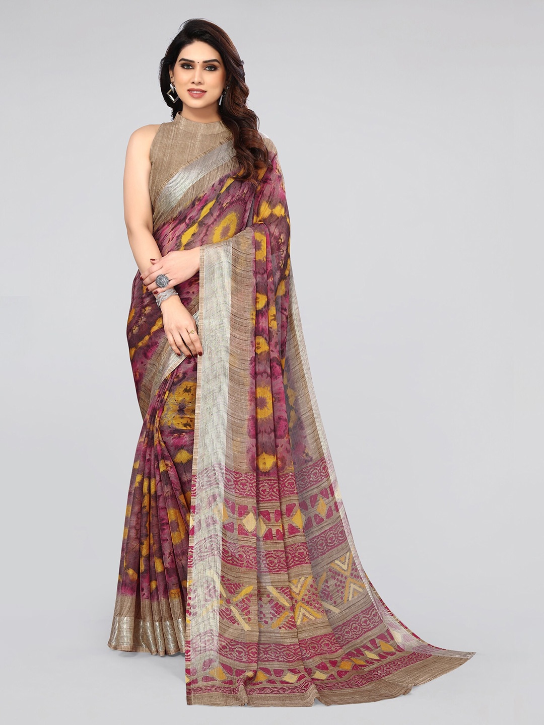 

MIRCHI FASHION Pink & Yellow Ethnic Motifs Printed Saree