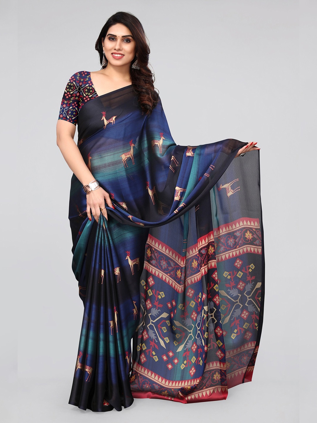 

MIRCHI FASHION Blue & Red Graphic Printed Saree