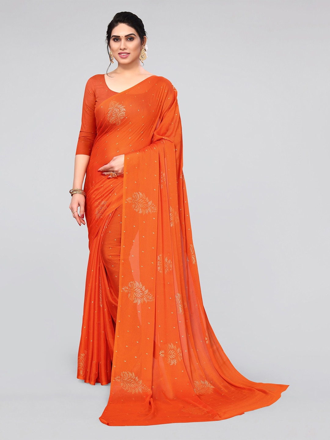 

MIRCHI FASHION Orange & Gold-Toned Embellished Poly Chiffon Saree